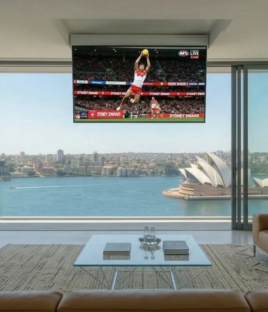 Motorised ceiling TV lift installed in a Sydney Harbour residence